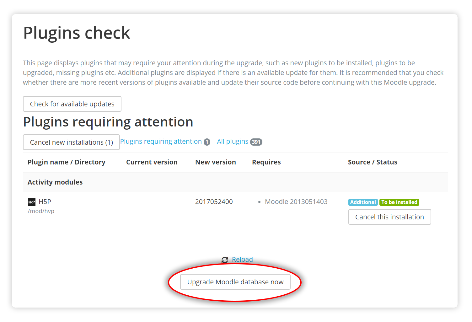 Upgrade Moodle database