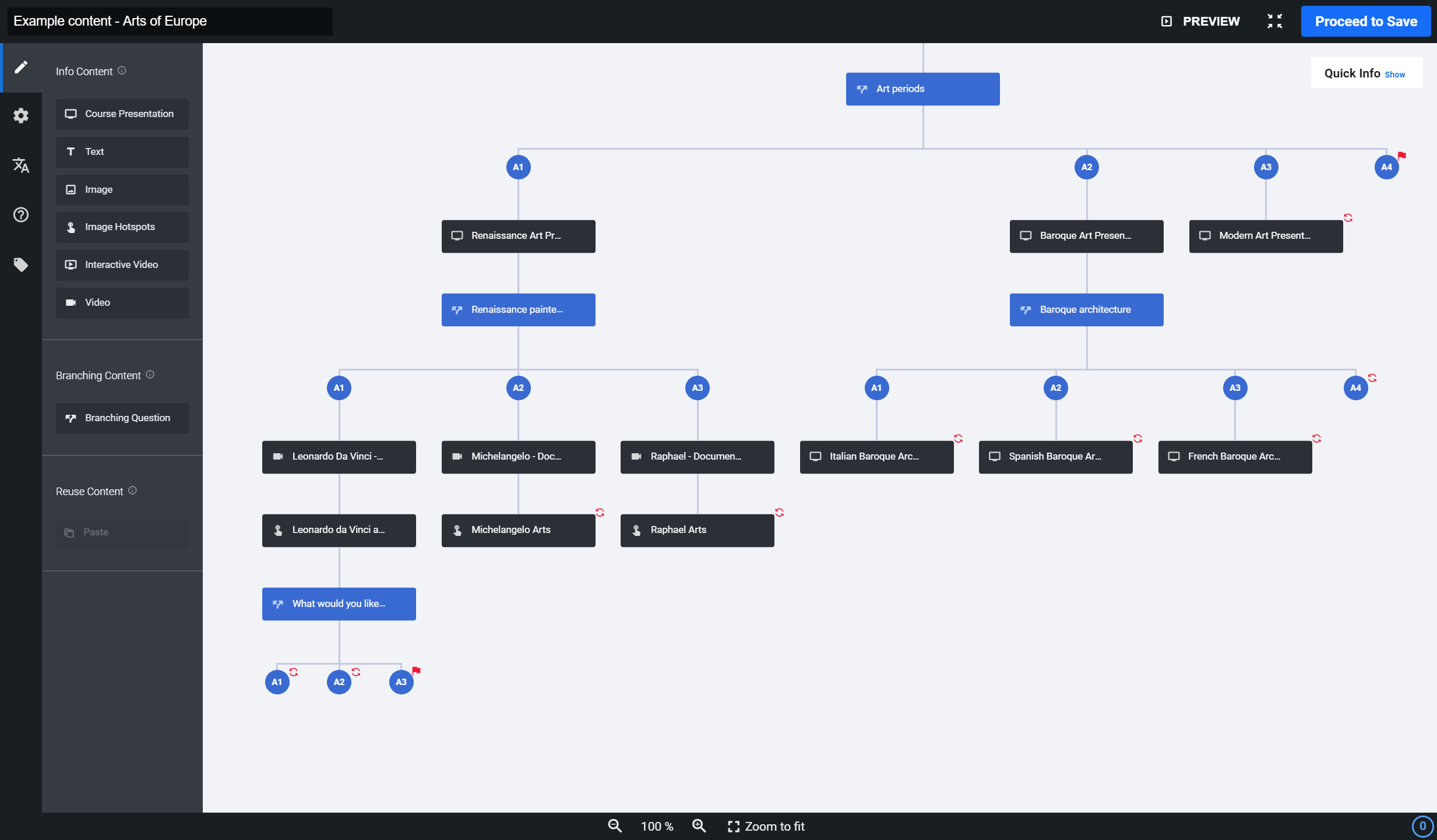 Branching scenario in a full-screen mode