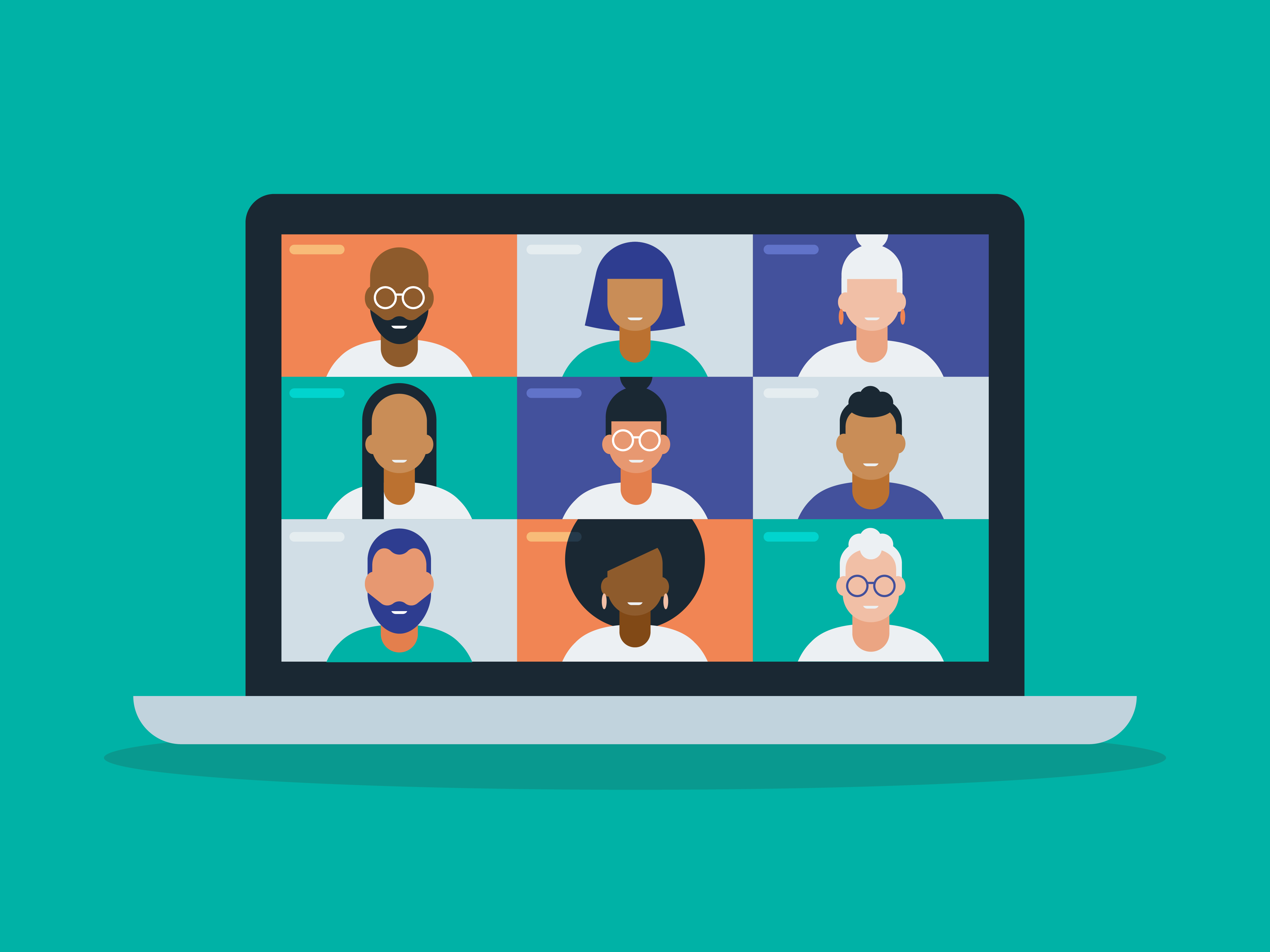 Illustration of a laptop with multiple people on screen for a Zoom video chat.