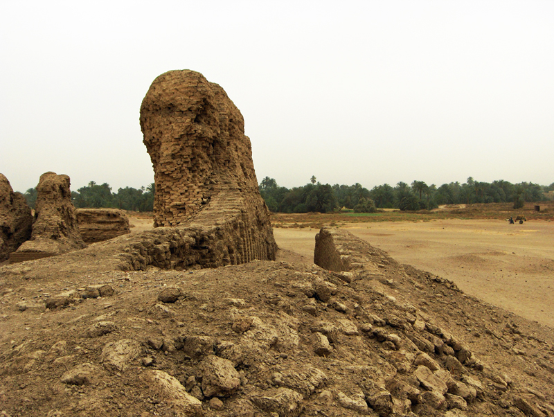A photograph of a mud brick structure rising up out of the desert. Visible in the background is cultivated land with trees, but little of Hierakonpolis remains visible other than this ruin.