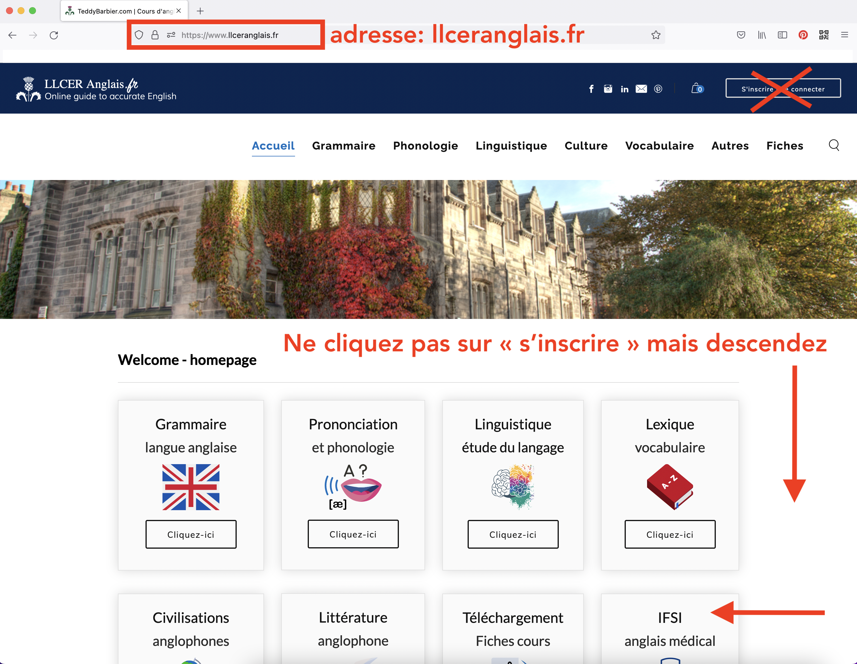 Accédez au site en tapant l'adresse suivante : llceranglais.fr