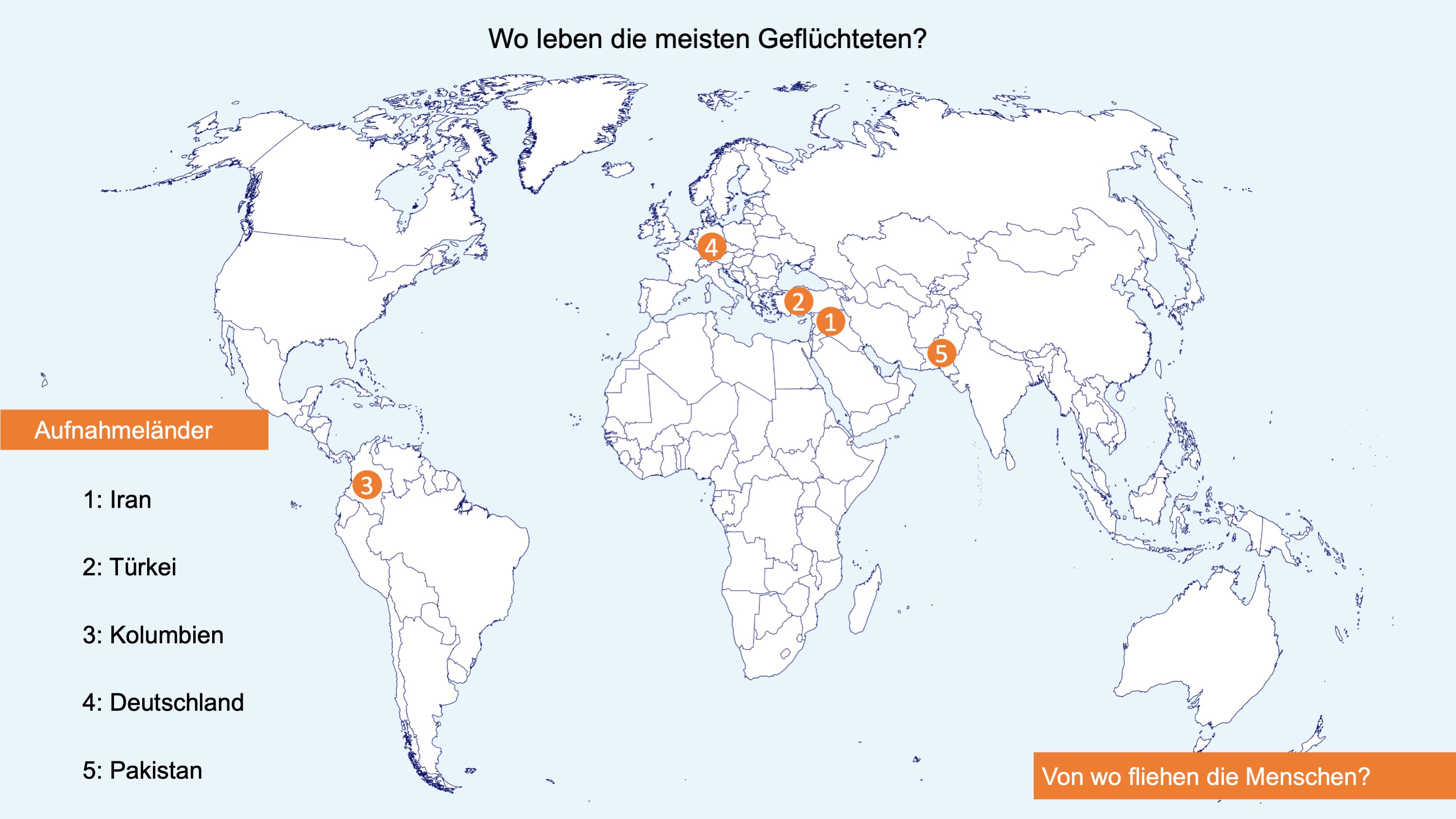 Eine Weltkarte, auf der bestimmte Länder markiert sind.
