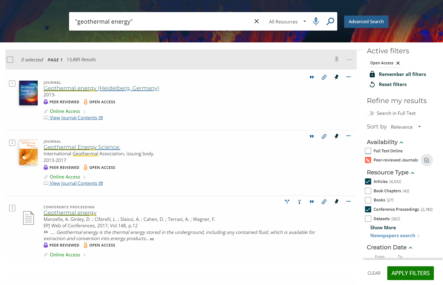CSIRO discovery results page. search bar is looking for "Geothermal energy". To the right the are ticks next to boxes: articls, confrence proceedings and creation date.