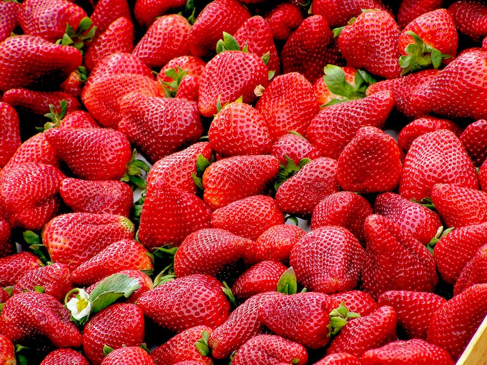 Close-up of ripe berries, showing their bright red color, small seeds, and green leafy cap.