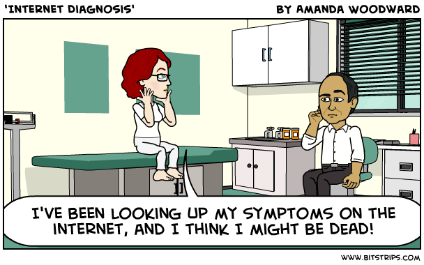 Cartoon showing woman in a doctor's exam room, telling the doctor, "I've been looking up my symptoms on the internet, and I think I might be dead!"