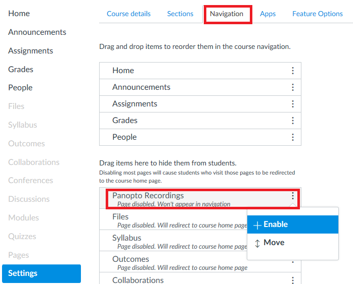 Enabling Panopto menu in Canvas course settings