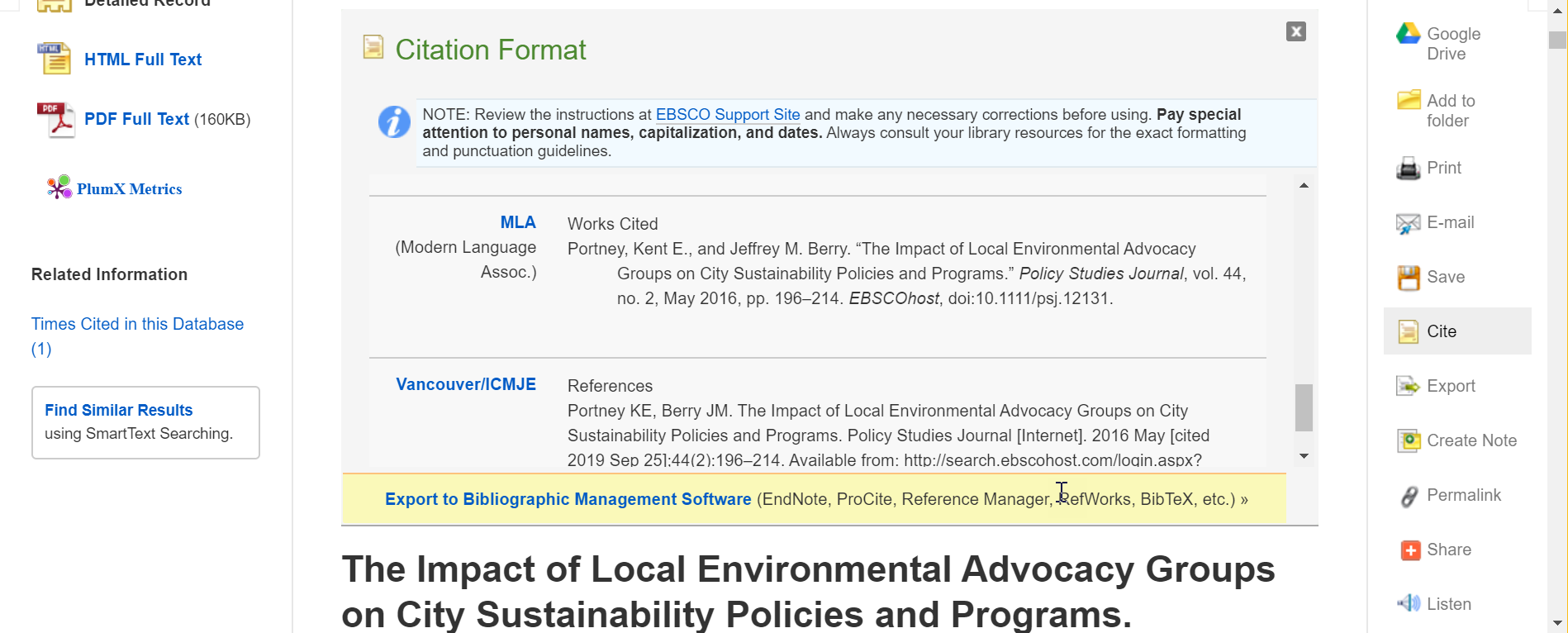 Screenshot of an article entry in Ebsco